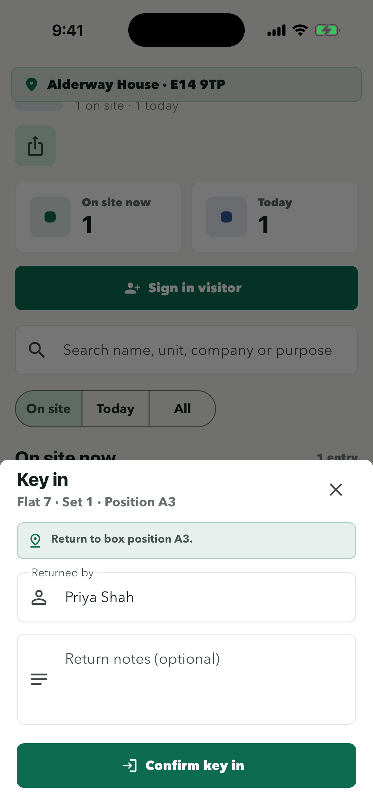 Key in sheet for Priya Shah with Confirm key in