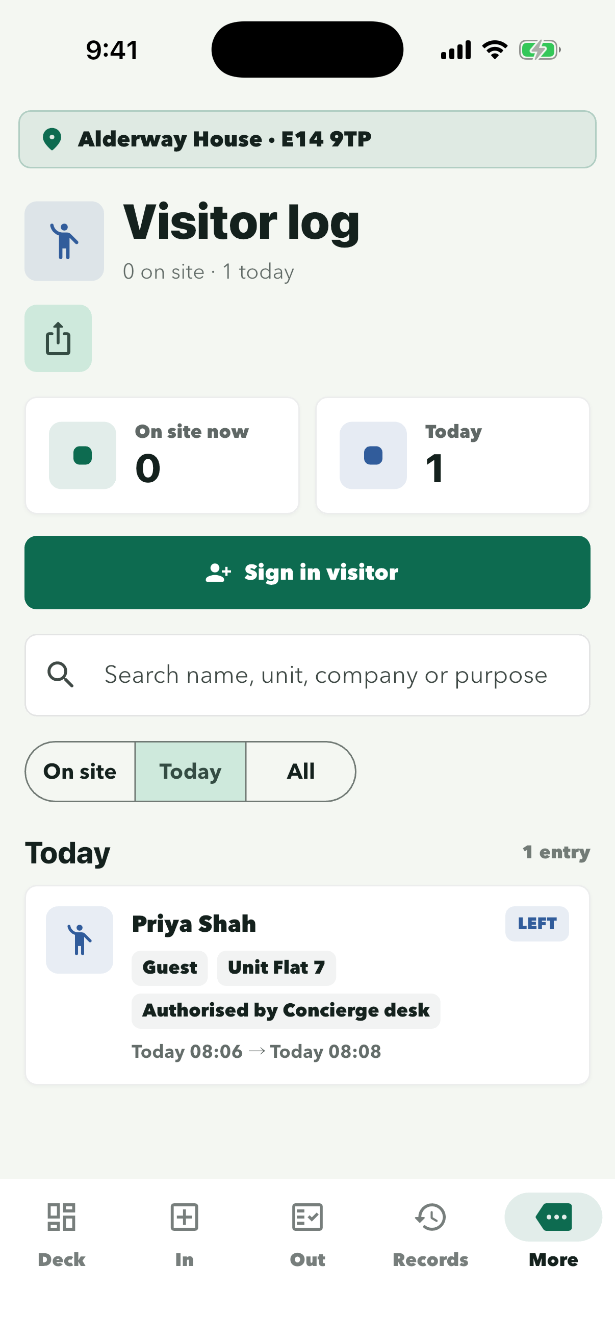 Today list with Priya Shah marked LEFT, 08:06 to 08:08