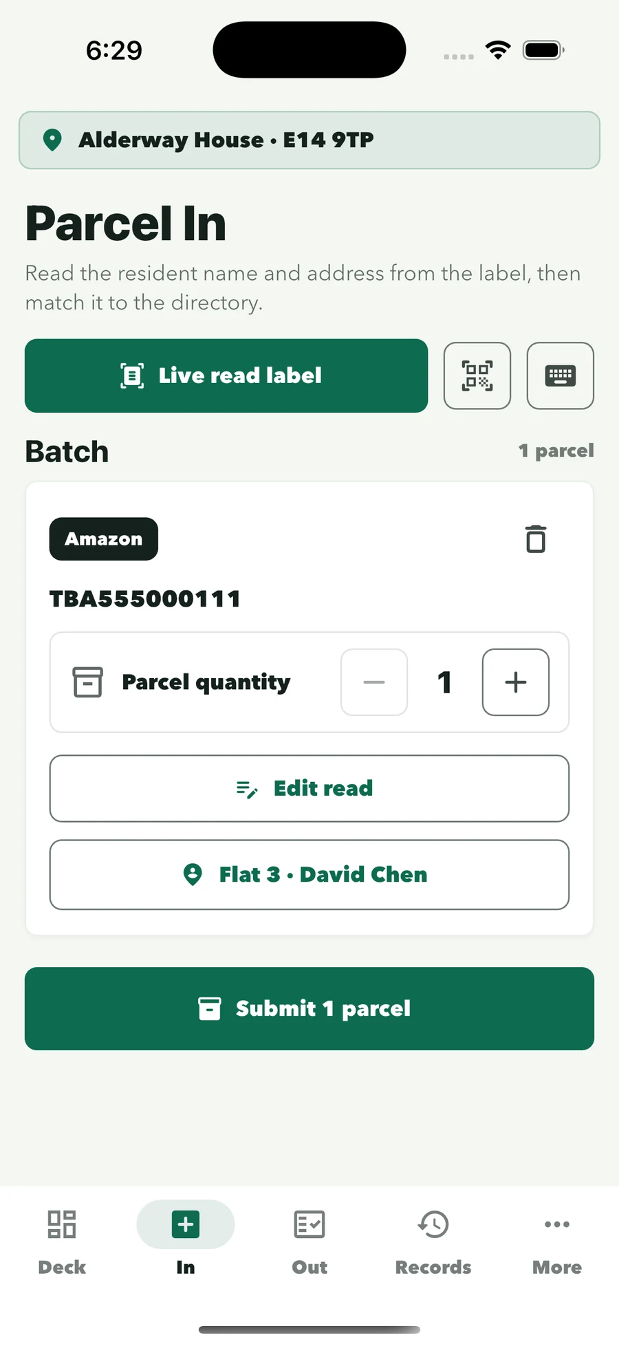 Parcel In batch: Amazon parcel for Flat 3 · David Chen, ready to submit