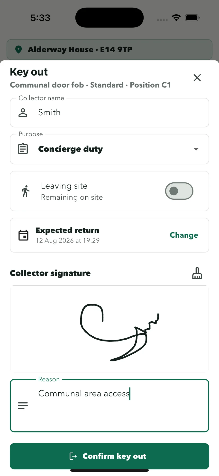 Key out screen with collector name, purpose and signature