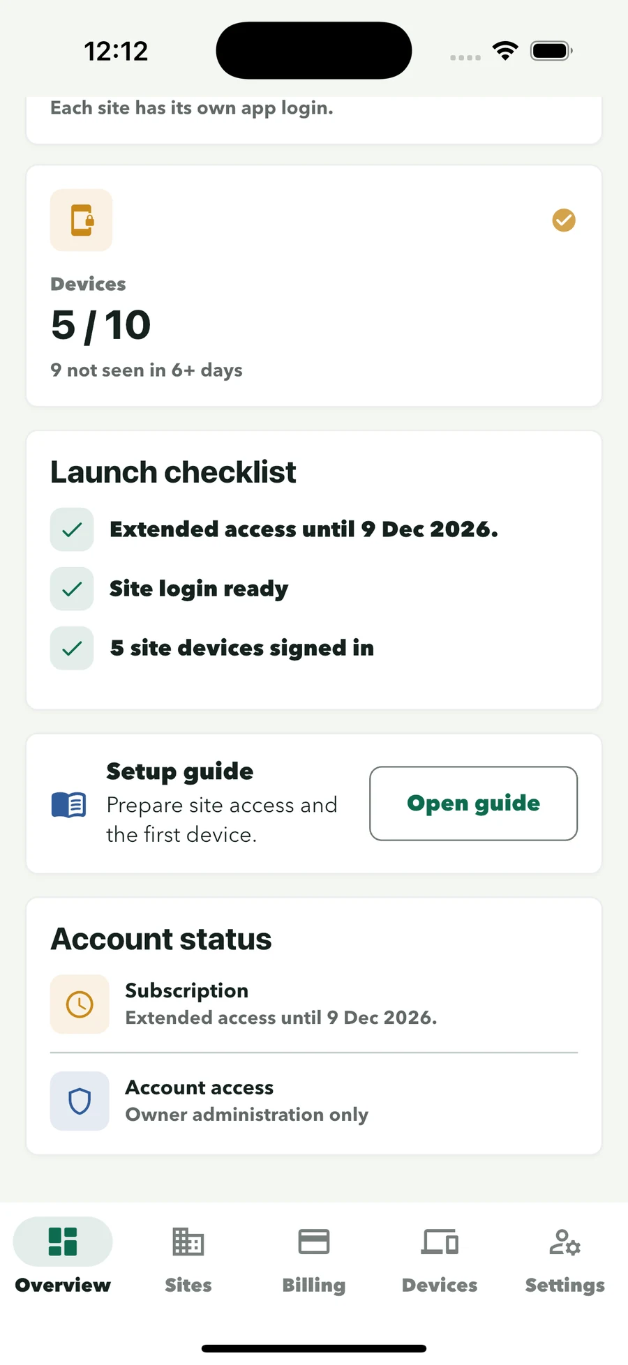 ConciergeDeck owner account overview: authorised devices, launch checklist and account status