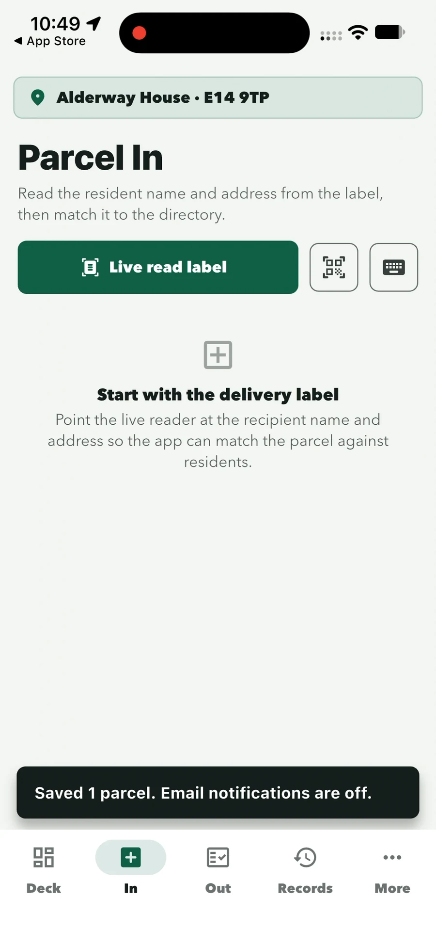 Parcel In with the confirmation: Saved 1 parcel. Email notifications are off.