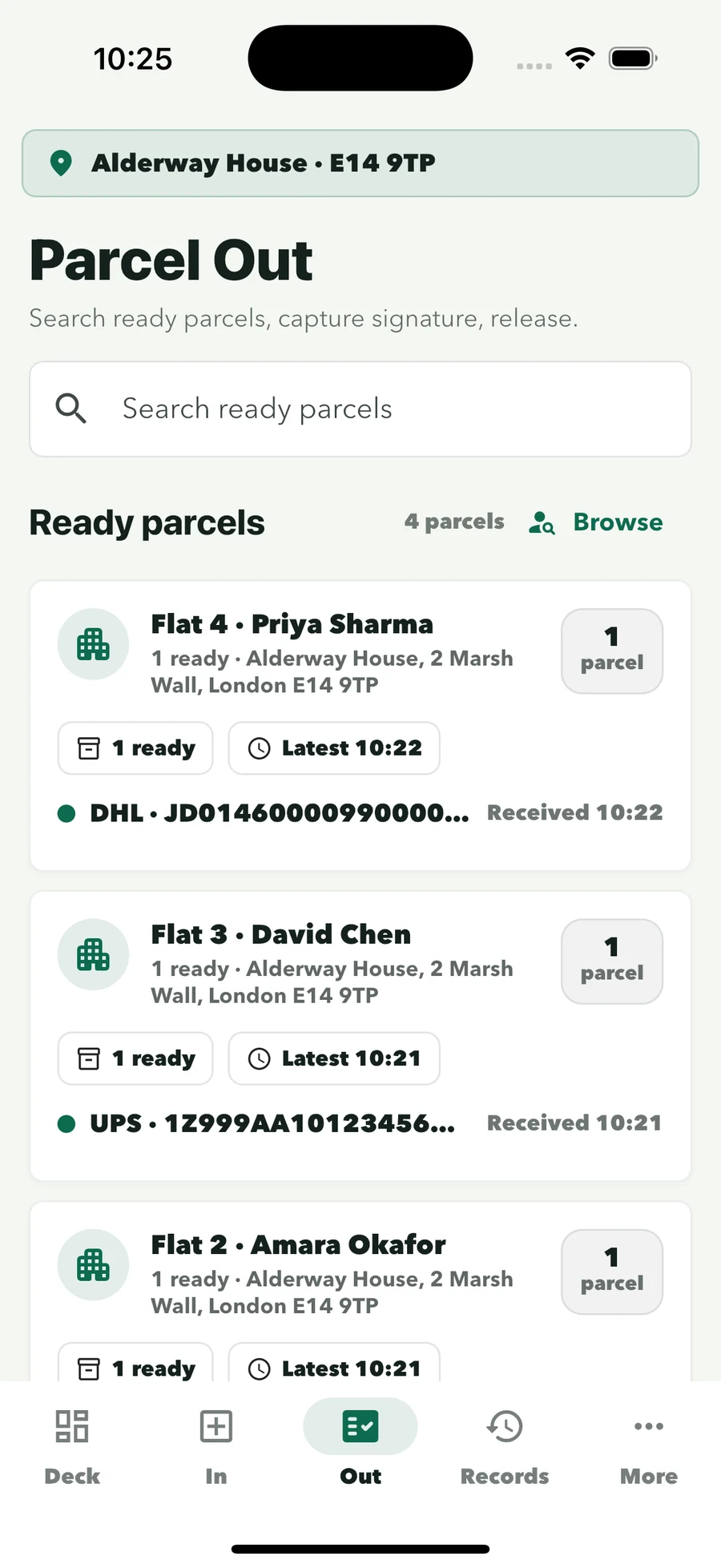 Parcel Out: ready parcels listed by flat with carrier and time received
