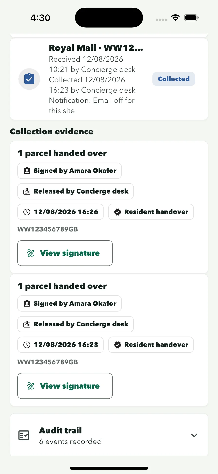 Records screen showing collection evidence with signatures