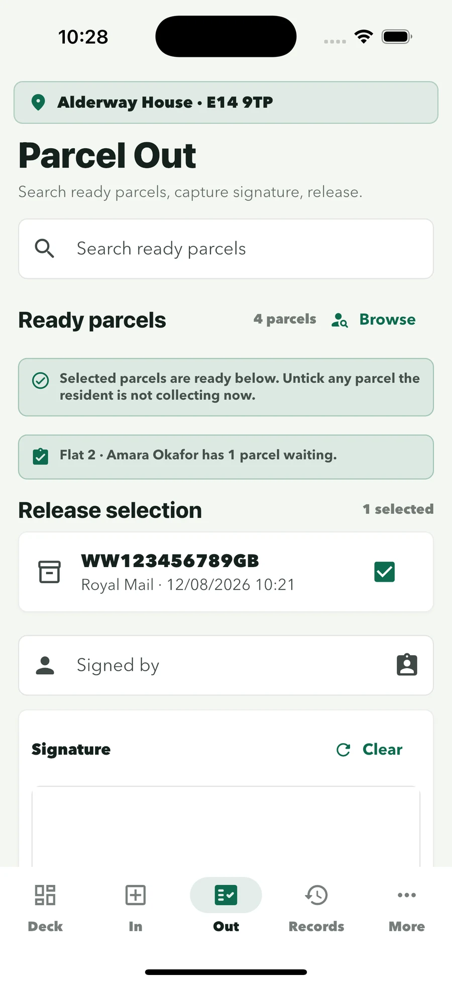 Parcel Out release selection: parcel ticked for Flat 2 · Amara Okafor, signed-by field and signature pad