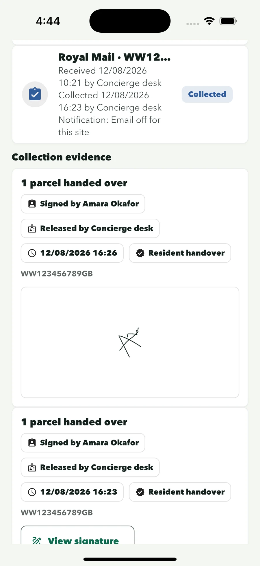 Parcel Out collection evidence: parcel handed over, signed by Amara Okafor, released by the concierge desk, with time and signature