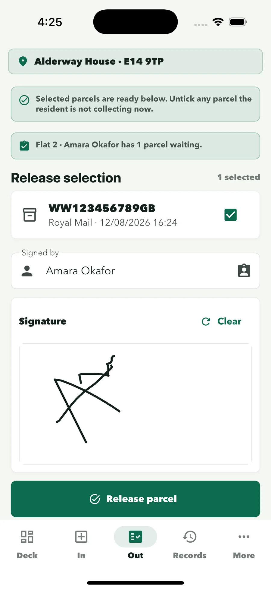 Parcel release screen with the collector's signature