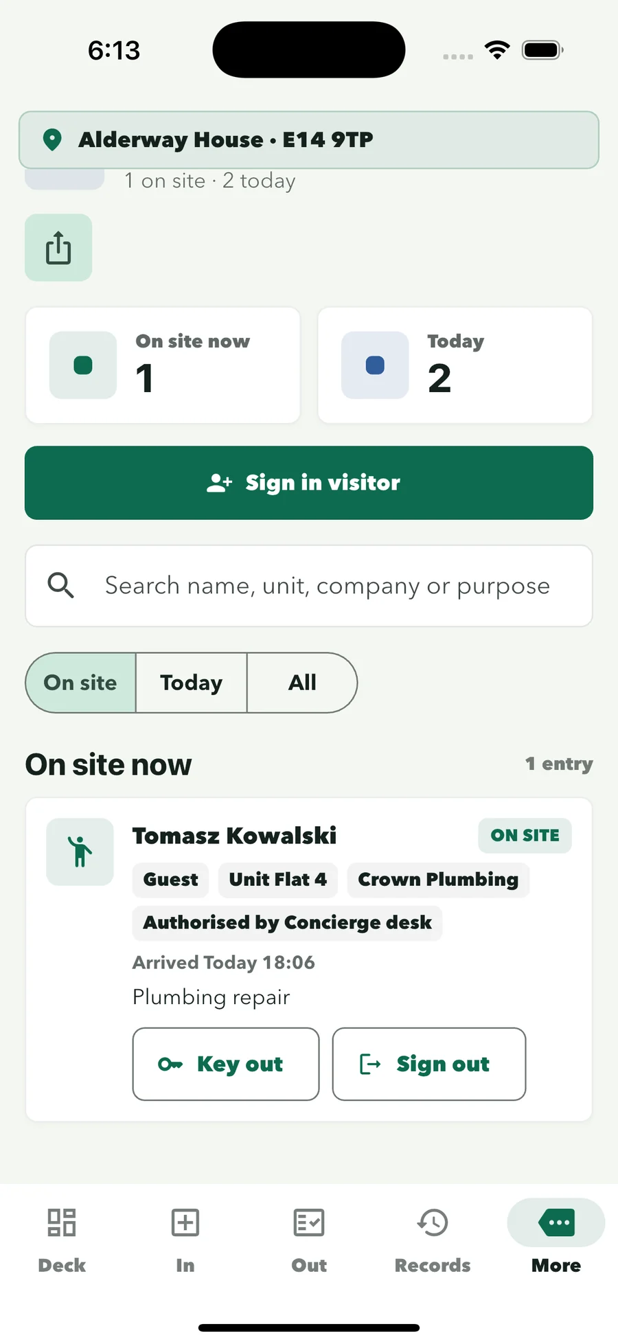Visitor log showing who is on site, with Key out and Sign out actions