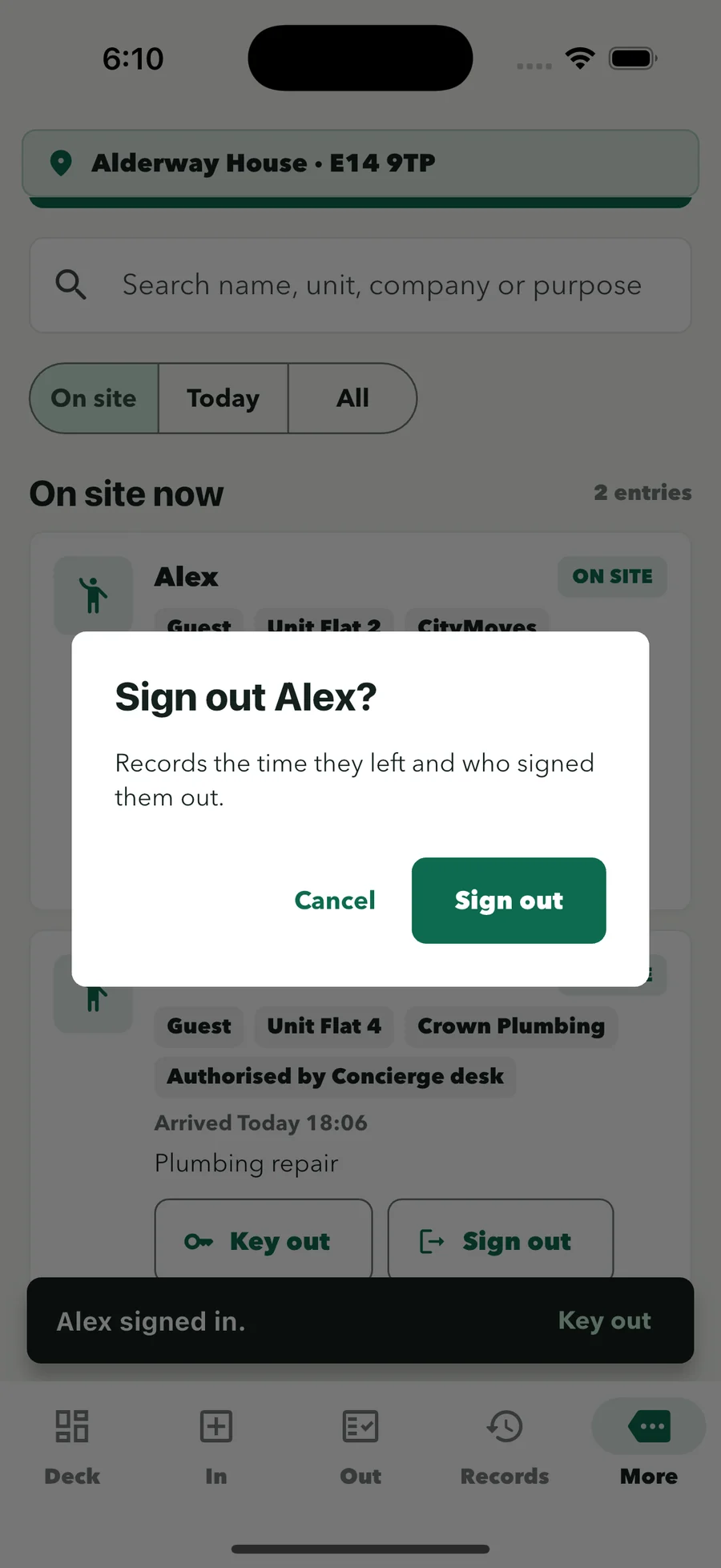 Sign-out prompt for a visitor who still has keys