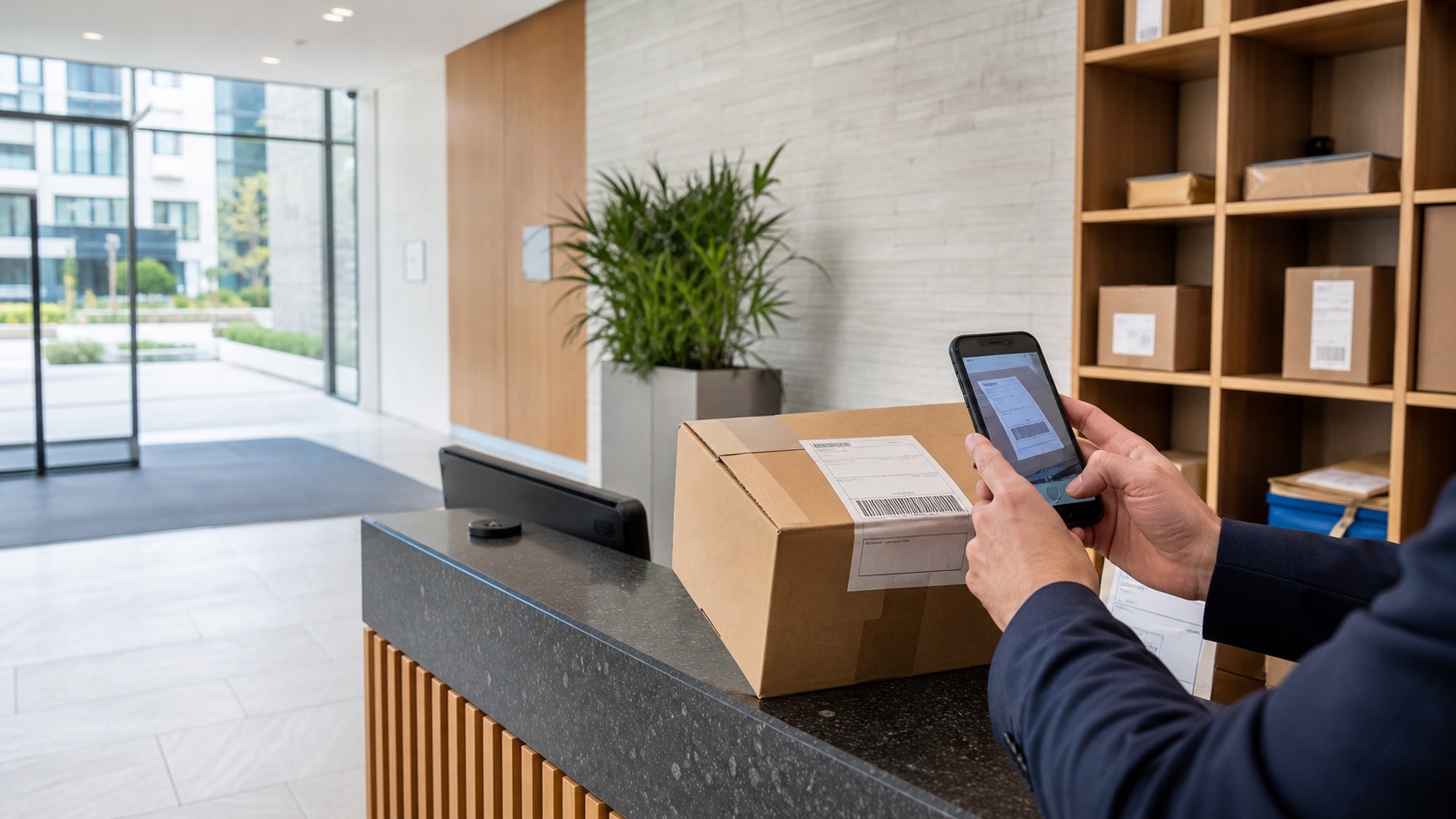 Concierge staff member scanning a parcel label at a residential reception desk