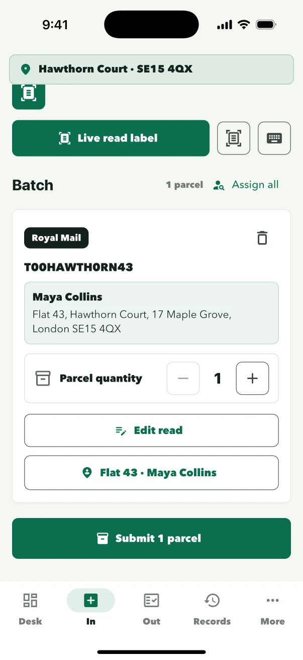 ConciergeDeck parcel intake confirmation