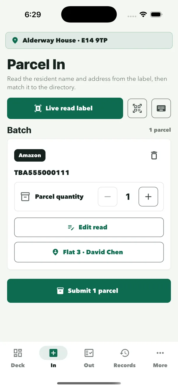ConciergeDeck parcel intake confirmation screen