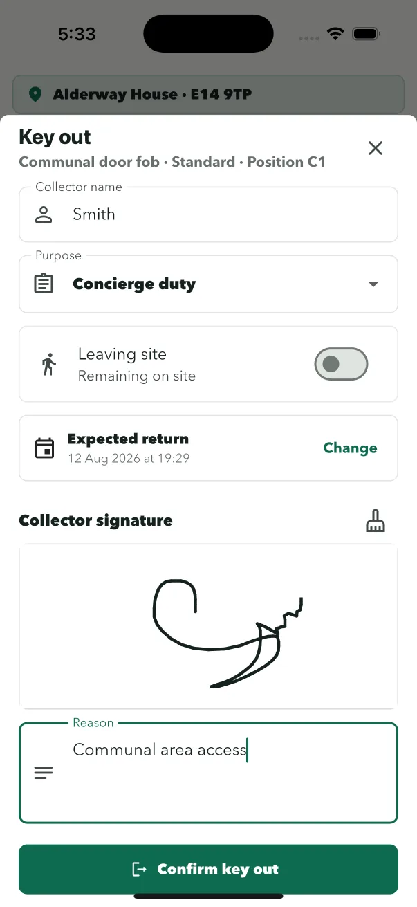 ConciergeDeck key hand-out screen with signature