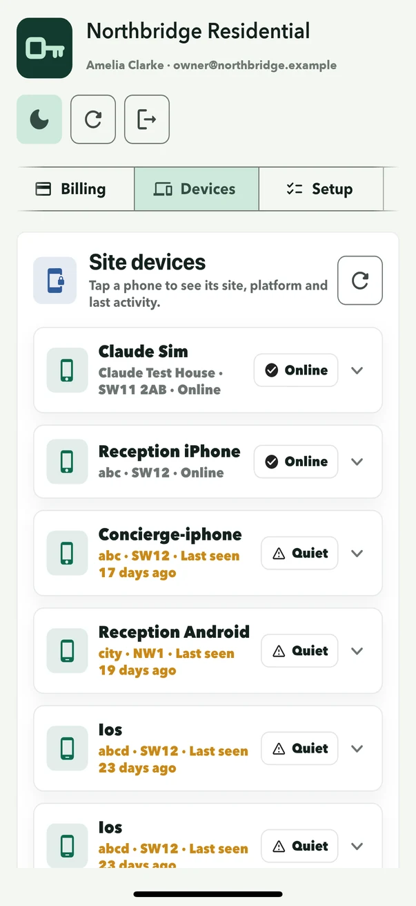 ConciergeDeck owner account showing authorised devices