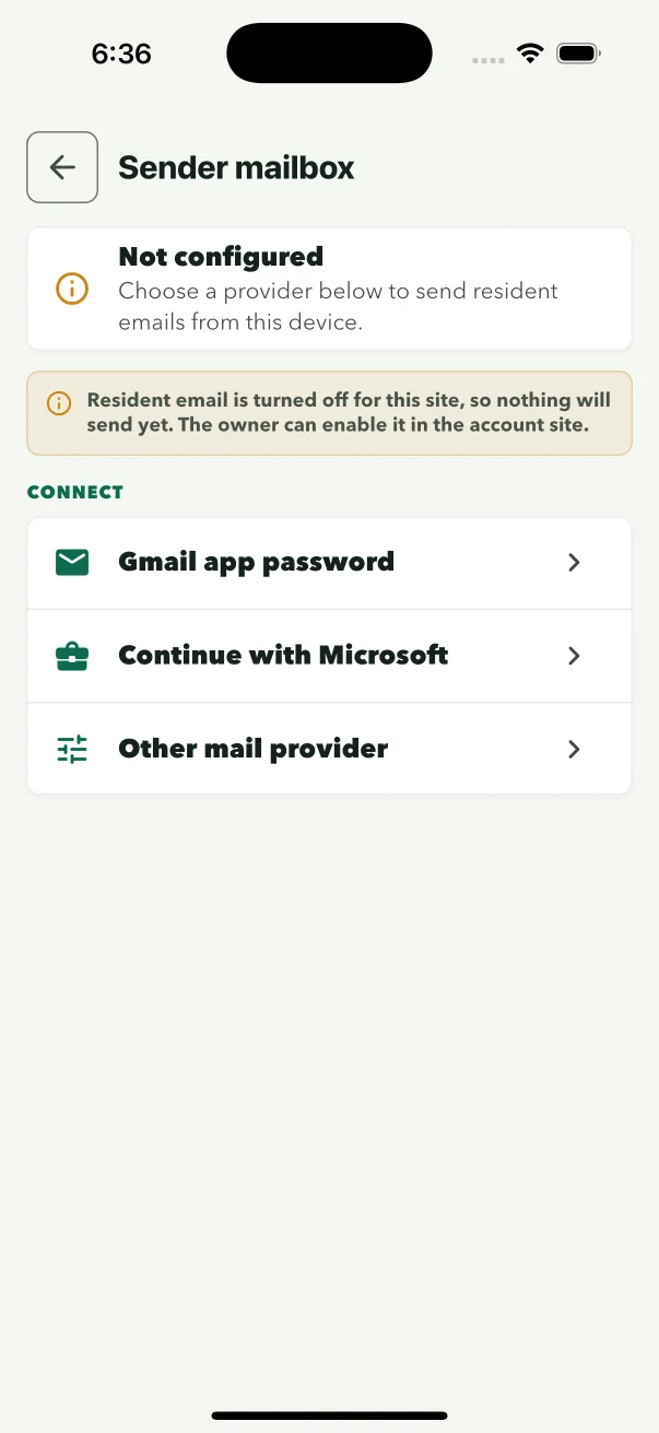 ConciergeDeck owner screen for per-site resident email settings