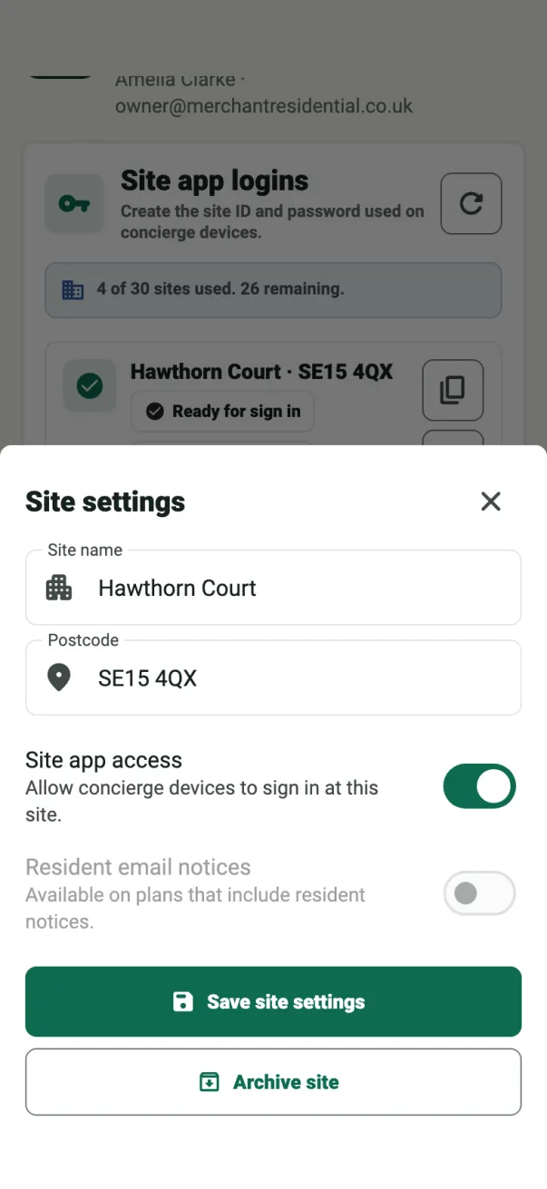 ConciergeDeck owner screen for per-site resident email settings
