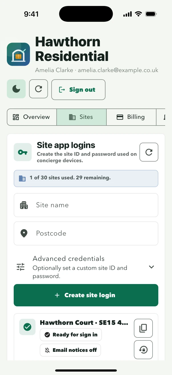 ConciergeDeck owner account showing site access management