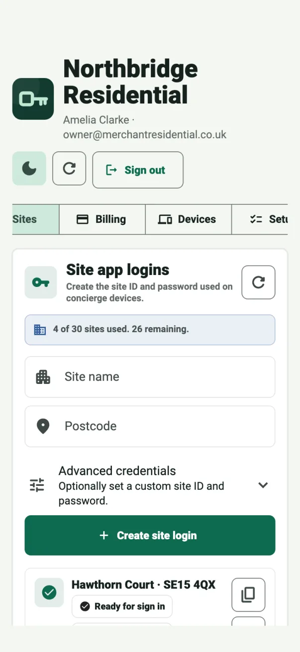 ConciergeDeck owner account showing site access management