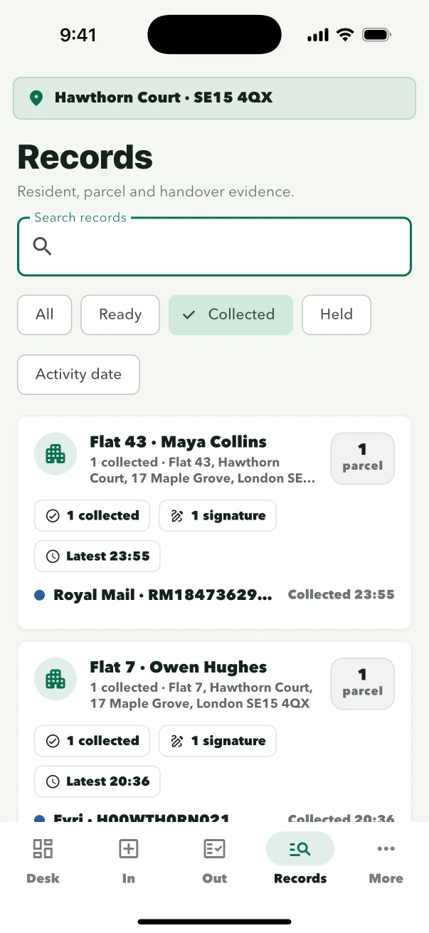 ConciergeDeck collected parcel record