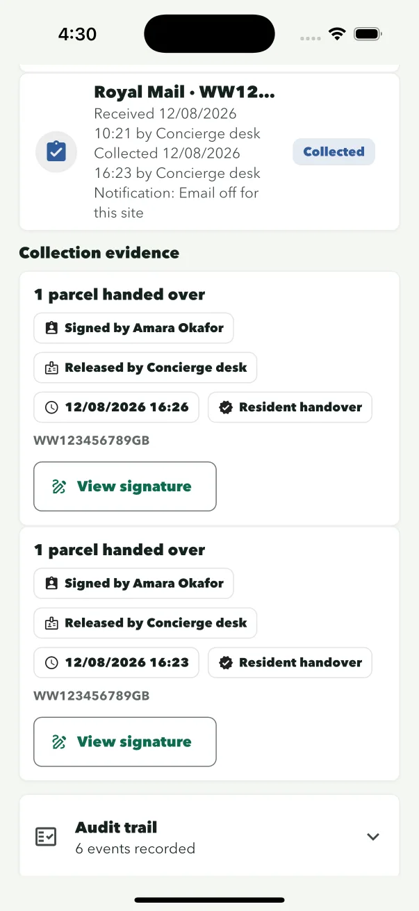 ConciergeDeck collected parcel record