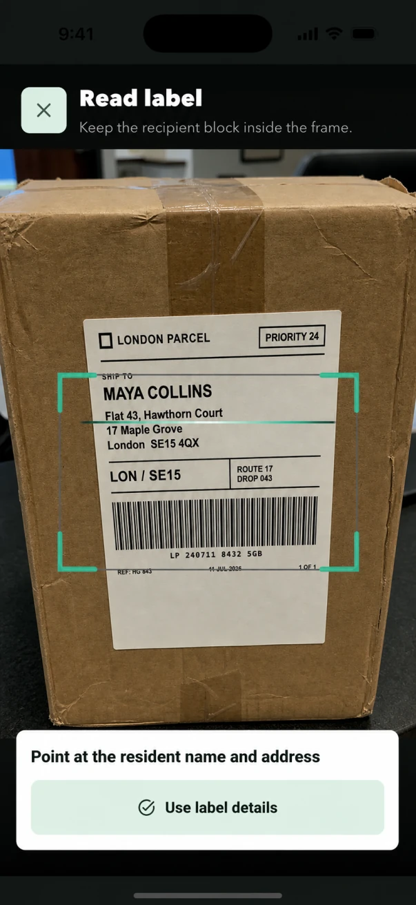 ConciergeDeck scanner reading a parcel recipient label