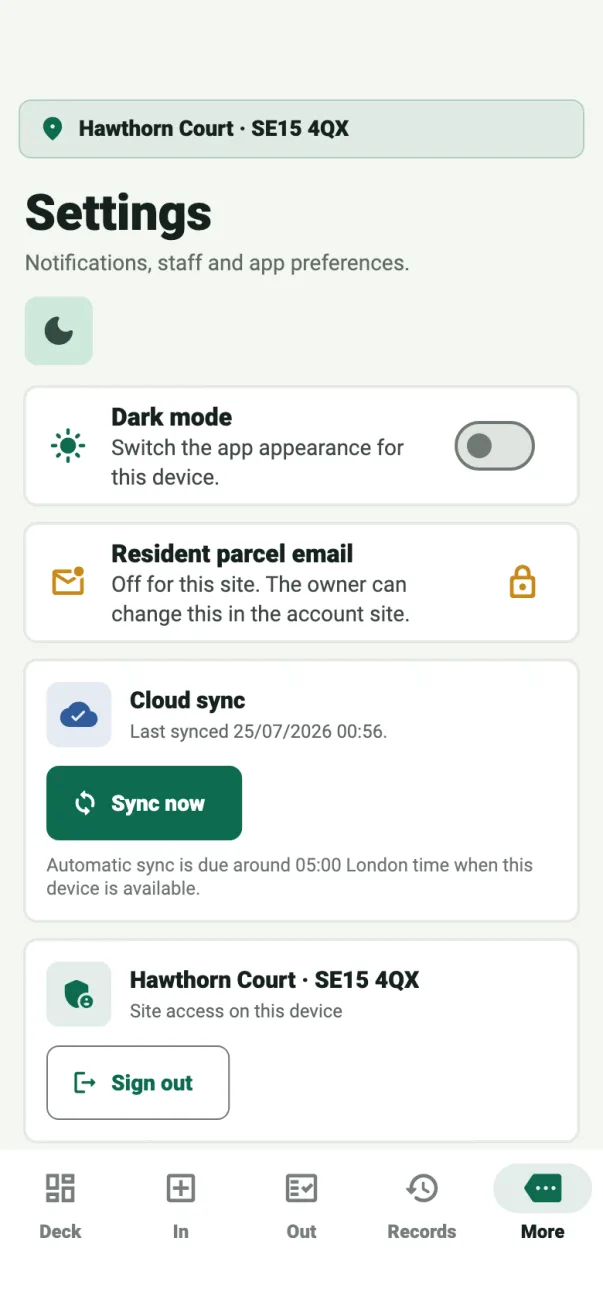 ConciergeDeck mobile settings and sync controls