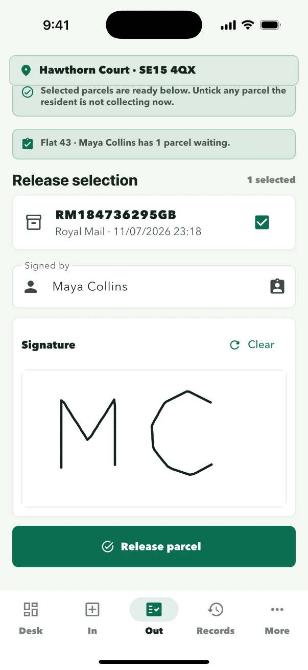 ConciergeDeck parcel collection signature screen
