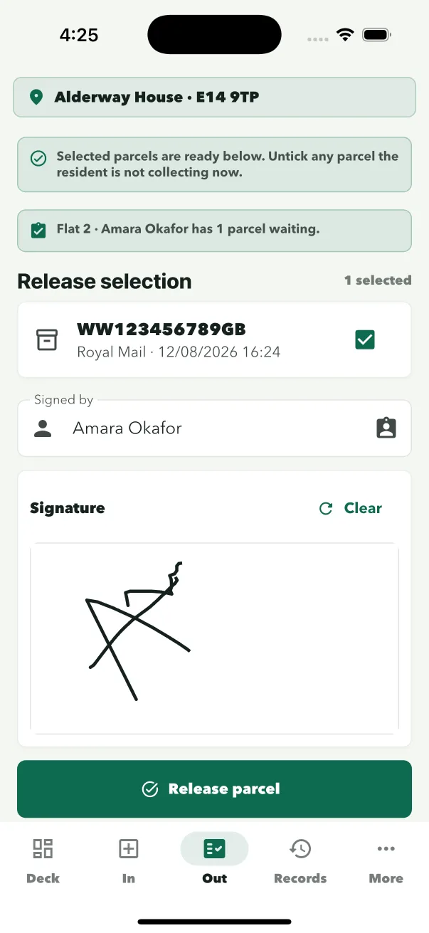 ConciergeDeck parcel collection signature screen