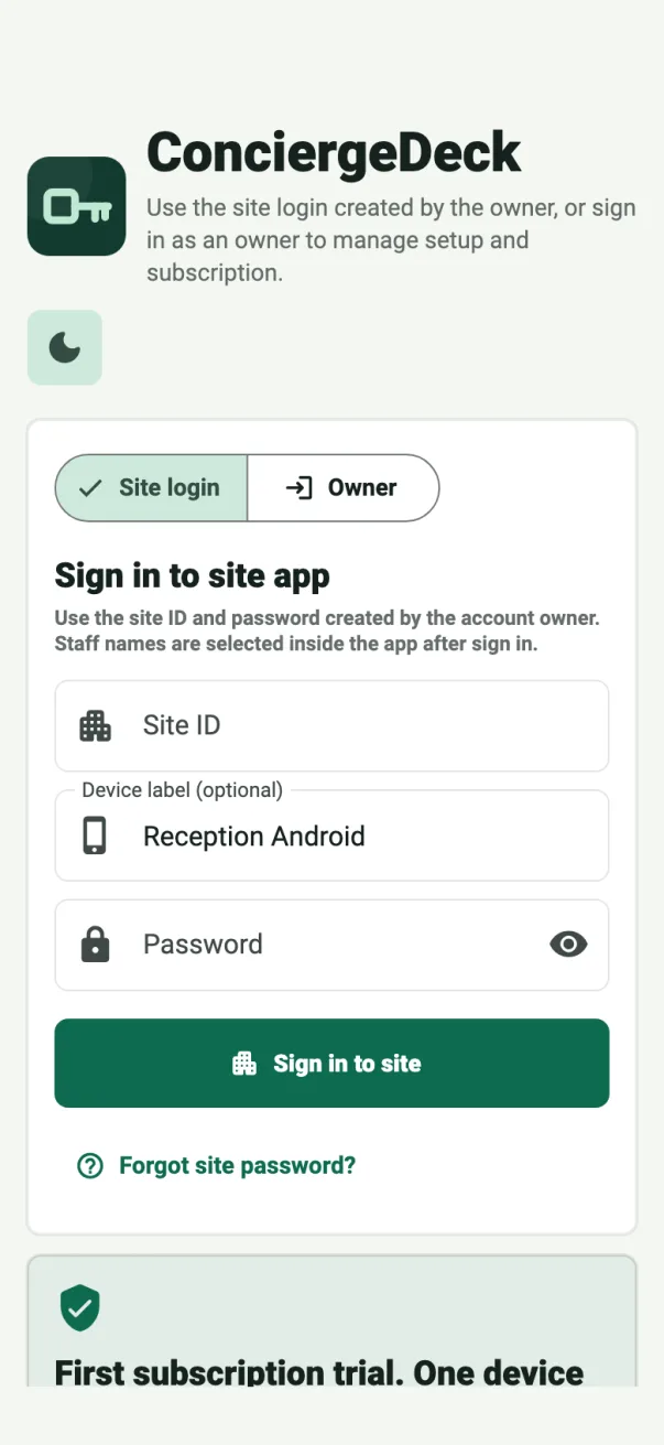 ConciergeDeck mobile site sign-in