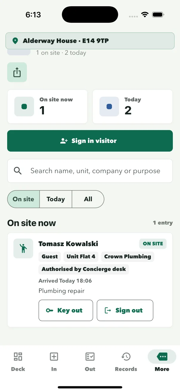 ConciergeDeck visitor log with on-site list