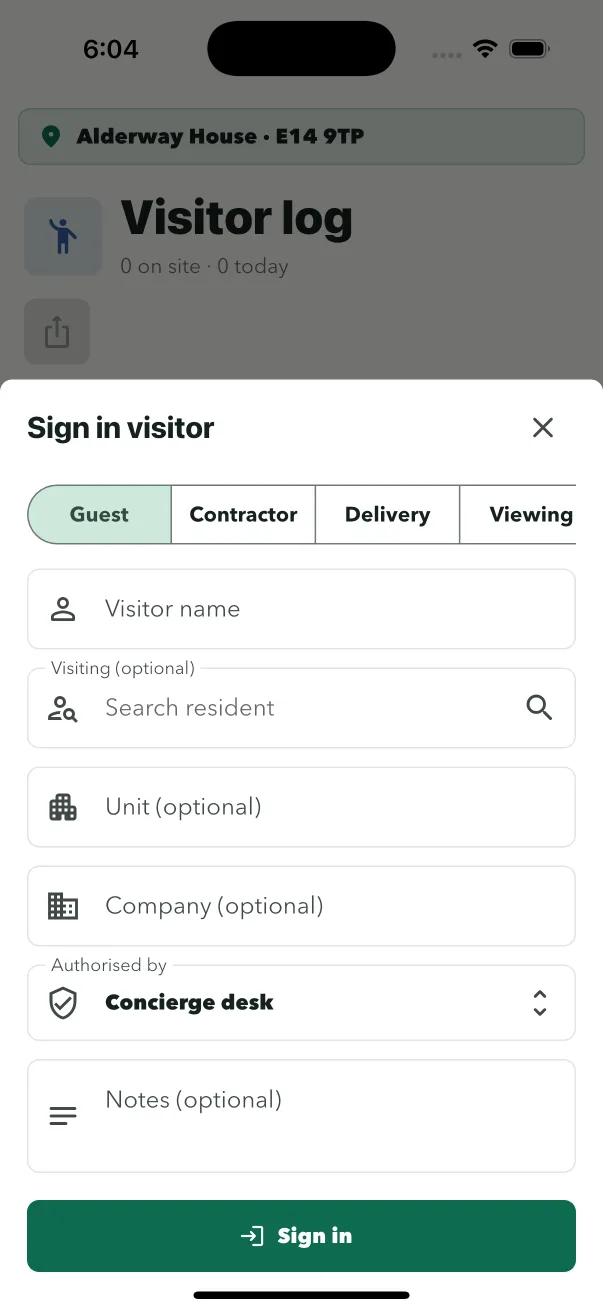 ConciergeDeck visitor sign-in screen