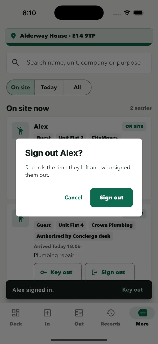 ConciergeDeck visitor sign-out with keys outstanding