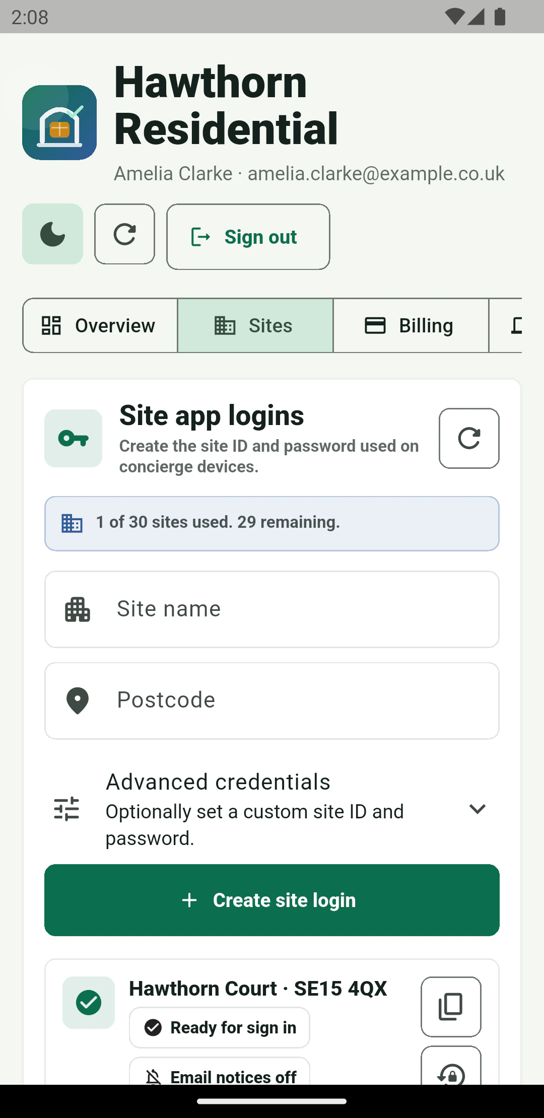 ConciergeDeck owner account: site app logins