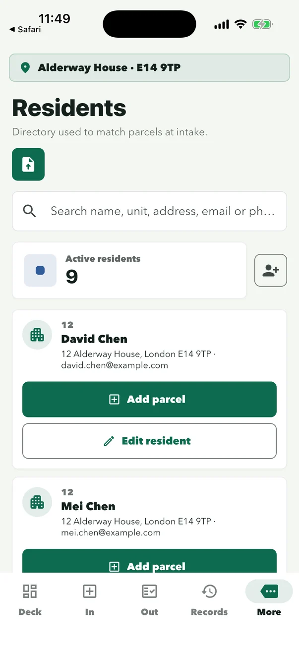 ConciergeDeck resident directory in the mobile app